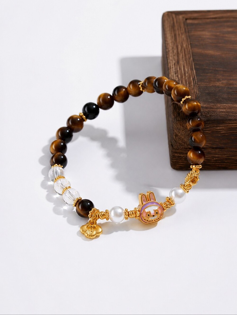 Labubu Tiger Eye Pearl Beaded Bracelet Kawaii Gold Charm Stretch Bracelet